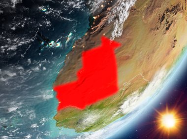 Moritanya Sunrise son derece detaylı yüzey dokuları ve bulutlar Dünya gezegeninin yörüngeden. 3D çizim. Nasa tarafından döşenmiş bu görüntü unsurları.