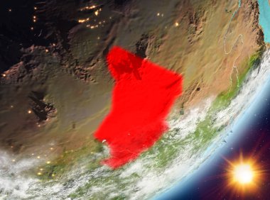 Sunrise son derece detaylı yüzey dokuları ve bulutlar Dünya gezegeninin yörüngeden Chad. 3D çizim. Nasa tarafından döşenmiş bu görüntü unsurları.