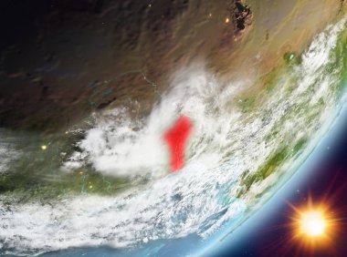 Benin Sunrise son derece detaylı yüzey dokuları ve bulutlar Dünya gezegeninin yörüngeden. 3D çizim. Nasa tarafından döşenmiş bu görüntü unsurları.
