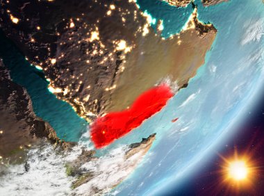 Yemen Sunrise son derece detaylı yüzey dokuları ve bulutlar Dünya gezegeninin yörüngeden. 3D çizim. Nasa tarafından döşenmiş bu görüntü unsurları.