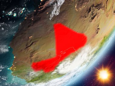 Mali Sunrise son derece detaylı yüzey dokuları ve bulutlar Dünya gezegeninin yörüngeden. 3D çizim. Nasa tarafından döşenmiş bu görüntü unsurları.