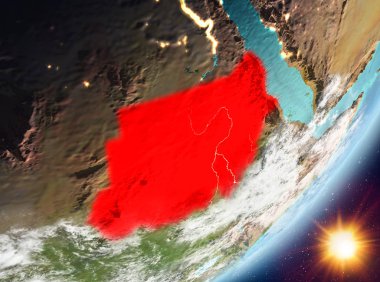 Sunrise son derece detaylı yüzey dokuları ve bulutlar Dünya gezegeninin yörüngesine Sudan'dan. 3D çizim. Nasa tarafından döşenmiş bu görüntü unsurları.