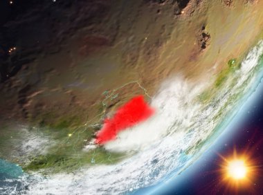 Sunrise son derece detaylı yüzey dokuları ve bulutlar Dünya gezegeninin yörüngeden Burkina Faso. 3D çizim. Nasa tarafından döşenmiş bu görüntü unsurları.