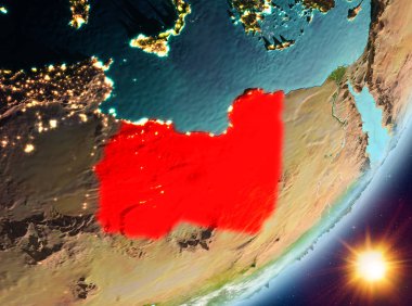 Libya Sunrise son derece detaylı yüzey dokuları ve bulutlar Dünya gezegeninin yörüngeden. 3D çizim. Nasa tarafından döşenmiş bu görüntü unsurları.