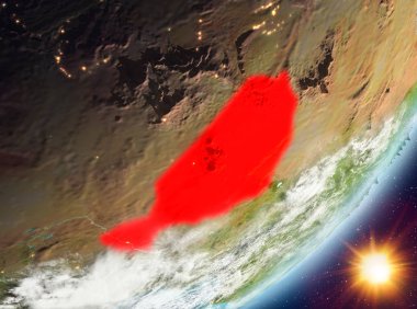 Nijer Sunrise son derece detaylı yüzey dokuları ve bulutlar Dünya gezegeninin yörüngeden. 3D çizim. Nasa tarafından döşenmiş bu görüntü unsurları.