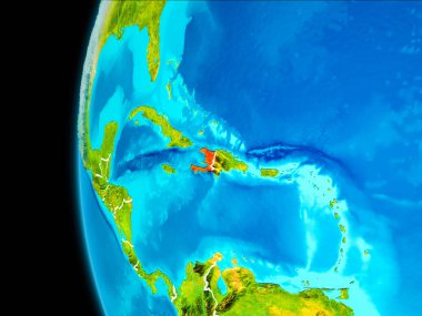 Dünya yörüngesinde gezegen dan görüldüğü gibi Haiti Dünya görünür kenarlıklar kırmızı vurgulanır. 3D çizim. Nasa tarafından döşenmiş bu görüntü unsurları.