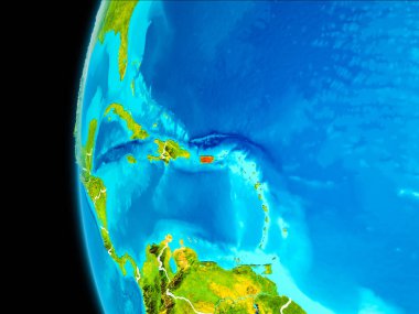 Dünya yörüngesinde gezegen dan görüldüğü gibi Portoriko dünya görünür kenarlıklar kırmızı vurgulanır. 3D çizim. Nasa tarafından döşenmiş bu görüntü unsurları.
