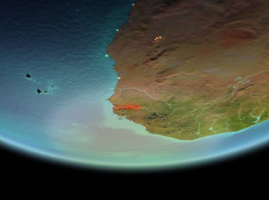 Gambiya son derece detaylı yüzey dokuları ile gece Dünya gezegeninin yörüngeden. 3D çizim. Nasa tarafından döşenmiş bu görüntü unsurları.