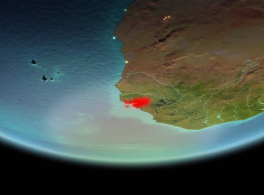 Gine-Bissau son derece detaylı yüzey dokuları ile gece Dünya gezegeninin yörüngeden. 3D çizim. Nasa tarafından döşenmiş bu görüntü unsurları.