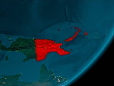 Gece görünümü, Papua Yeni Gine kırmızı Planet Earth atmosfer ile vurgulanır. 3D çizim. Nasa tarafından döşenmiş bu görüntü unsurları.