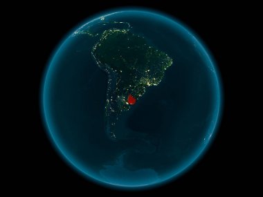 Gece yukarıda Uruguay modeli gezegeninin uzaydaki bir kırmızı vurgulanır. 3D çizim. Nasa tarafından döşenmiş bu görüntü unsurları.