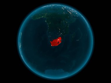 Gece yukarıda Güney Afrika modeli gezegeninin uzaydaki bir Kırmızı vurgulanır. 3D çizim. Nasa tarafından döşenmiş bu görüntü unsurları.