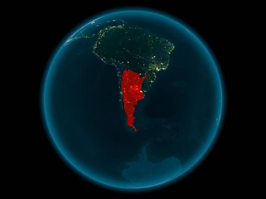 Gece yukarıda Arjantin modeli gezegeninin uzaydaki bir Kırmızı vurgulanır. 3D çizim. Nasa tarafından döşenmiş bu görüntü unsurları.