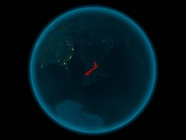 Gece yukarıda Yeni Zelanda modeli gezegeninin uzaydaki bir Kırmızı vurgulanır. 3D çizim. Nasa tarafından döşenmiş bu görüntü unsurları.