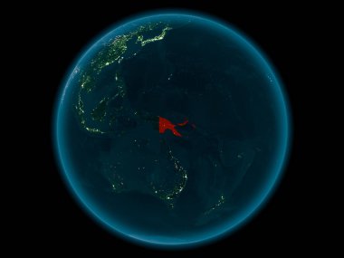 Gece yukarıda Papua Yeni Gine modeli gezegeninin uzaydaki bir kırmızı vurgulanır. 3D çizim. Nasa tarafından döşenmiş bu görüntü unsurları.
