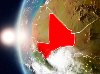 Planet Earth bulutlar ve görünür ülke sınırları ile kırmızı günbatımı sırasında vurgulanan Mali uydu görünümü. 3D çizim. Nasa tarafından döşenmiş bu görüntü unsurları.