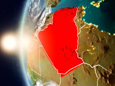 Planet Earth bulutlar ve görünür ülke sınırları ile kırmızı günbatımı sırasında vurgulanan Cezayir uydu görüntüsü. 3D çizim. Nasa tarafından döşenmiş bu görüntü unsurları.