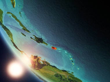 Porto Riko Planet Earth görünür ülke sınırları ile kırmızı günbatımı sırasında vurgulanan uydu görüntüsü. 3D çizim. Nasa tarafından döşenmiş bu görüntü unsurları.