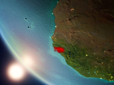 Planet Earth görünür ülke sınırları ile kırmızı günbatımı sırasında vurgulanan Gine Bissau uydu görünümü. 3D çizim. Nasa tarafından döşenmiş bu görüntü unsurları.