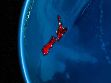 Yeni Zelanda görünür ülke sınırları ve şehir ışıkları ile gece red Planet Earth vurgulanmış alanı yörünge görünümü. 3D çizim. Nasa tarafından döşenmiş bu görüntü unsurları.