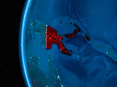Papua Yeni Gine görünür ülke sınırları ve şehir ışıkları ile gece red Planet Earth vurgulanmış alanı yörünge görünümü. 3D çizim. Nasa tarafından döşenmiş bu görüntü unsurları.