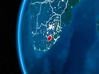Lesotho uzay yörüngeye görünümünü görünür ülke sınırları ve şehir ışıkları ile gece Planet Earth kırmızı vurgulanır. 3D çizim. Nasa tarafından döşenmiş bu görüntü unsurları.