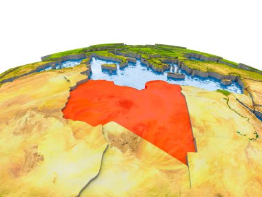 Libya gerçekçi arazi yüzeyi, görünür ülke sınırları ve okyanuslar yerine su ile dünya üzerinde kırmızı vurgulanır. 3D çizim. Nasa tarafından döşenmiş bu görüntü unsurları.