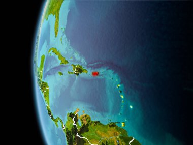 Akşam Portoriko Planet Earth görünür kenarlık çizgisi ve şehir ışıkları ile uzaydan görüldü. 3D çizim. Nasa tarafından döşenmiş bu görüntü unsurları.