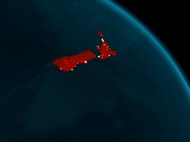 Yeni Zelanda görünümünü red Planet Earth son derece detaylı yüzey dokuları ile vurgulanmış gece yörünge. 3D çizim. Nasa tarafından döşenmiş bu görüntü unsurları.