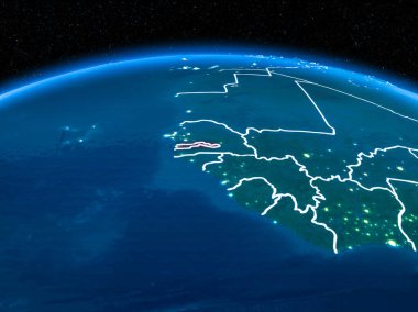 Gambiya görünümünü yörünge kırmızı görünür sınır çizgileri ve şehir ışıkları Planet Earth geceleri altını çizdi. 3D çizim. Nasa tarafından döşenmiş bu görüntü unsurları.