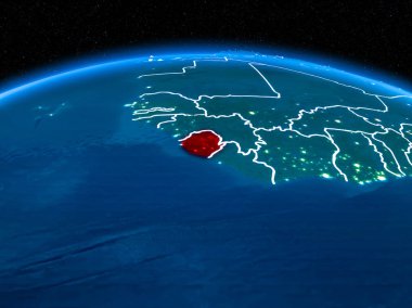 Yörünge görünümü Sierra Leone kırmızı görünür sınır çizgileri ve şehir ışıkları Planet Earth geceleri altını çizdi. 3D çizim. Nasa tarafından döşenmiş bu görüntü unsurları.