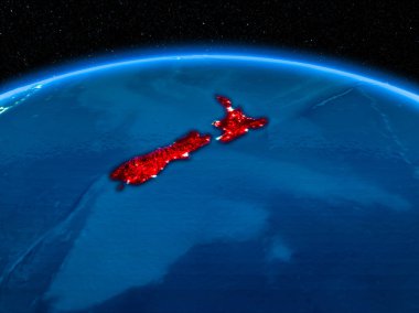Yörünge görünümü Yeni Zelanda kırmızı görünür sınır çizgileri ve şehir ışıkları Planet Earth geceleri altını çizdi. 3D çizim. Nasa tarafından döşenmiş bu görüntü unsurları.