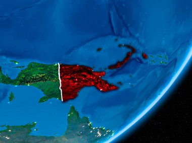 Papua Yeni Gine kırmızı Planet Earth görünür sınır çizgileri ve şehir ışıkları ile gece. 3D çizim. Nasa tarafından döşenmiş bu görüntü unsurları.