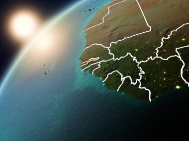 Gambiya red Planet Earth görünür ülke sınırları ile vurgulanmış günbatımı sırasında. 3D çizim. Nasa tarafından döşenmiş bu görüntü unsurları.