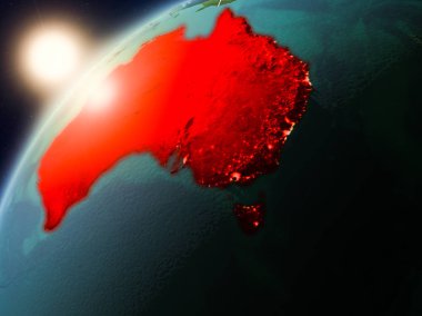 Avustralya günbatımı Planet Earth görünür ülke sınırları ile kırmızı vurgulanan sırasında. 3D çizim. Nasa tarafından döşenmiş bu görüntü unsurları.