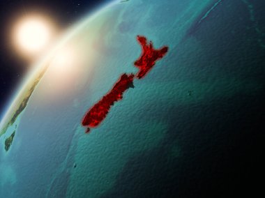 Yeni Zelanda red Planet Earth görünür ülke sınırları ile vurgulanmış günbatımı sırasında. 3D çizim. Nasa tarafından döşenmiş bu görüntü unsurları.