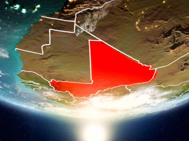 Mali Sunrise son derece detaylı yüzey dokuları ve görünür ülke sınırları ile Dünya gezegeninin yörüngeden. 3D çizim. Nasa tarafından döşenmiş bu görüntü unsurları.