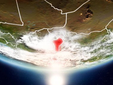 Benin son derece detaylı yüzey dokuları ve görünür ülke sınırları ile Sunrise Dünya gezegeninin yörüngeden. 3D çizim. Nasa tarafından döşenmiş bu görüntü unsurları.