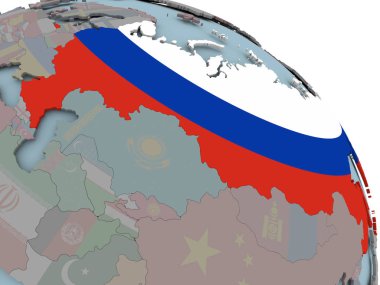 Rusya Illustration katıştırılmış bayrakları ile siyasi dünya üzerinde. 3D çizim.