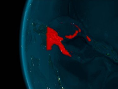 Papua Yeni Gine gezegenin Dünya'ya son derece detaylı yüzey dokuları ile gece yörüngeden. 3D çizim. Nasa tarafından döşenmiş bu görüntü unsurları.