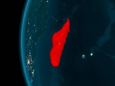 Madagaskar son derece detaylı yüzey dokuları ile gece Dünya gezegeninin yörüngeden. 3D çizim. Nasa tarafından döşenmiş bu görüntü unsurları.