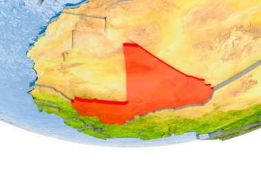 3d modeli dünya gerçek arazi yüzeyi, görünür ülke sınırları ve okyanus yerine su ile bir mali. 3D çizim. Nasa tarafından döşenmiş bu görüntü unsurları.