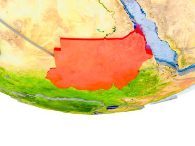 Sudan dünyanın gerçek arazi yüzeyi, görünür ülke sınırları ve okyanus yerine su ile 3d modeli. 3D çizim. Nasa tarafından döşenmiş bu görüntü unsurları.