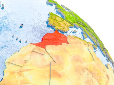 Glob görünür ülke sınırları ve okyanusların su ile gerçekçi yüzeyli kırmızı vurgulanır Fas Illustration. 3D çizim. Nasa tarafından döşenmiş bu görüntü unsurları.