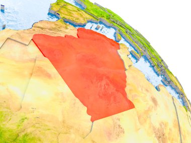 Glob görünür ülke sınırları ve okyanusların su ile gerçekçi yüzeyli kırmızı vurgulanır Cezayir Illustration. 3D çizim. Nasa tarafından döşenmiş bu görüntü unsurları.