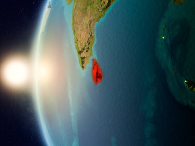 Sri Lanka dünya yörüngesi görünür ülke sınırları ile günbatımı sırasında görülen Illustration. 3D çizim. Nasa tarafından döşenmiş bu görüntü unsurları.