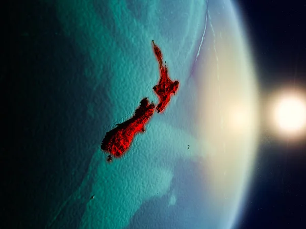 Nueva Zelanda Durante Amanecer Destacó Rojo Planeta Tierra Con Fronteras — Foto de Stock