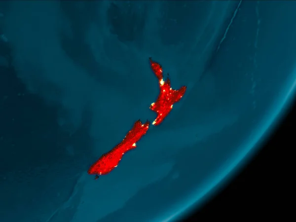 Vista Nocturna Nueva Zelanda Resaltada Rojo Planeta Tierra Con Atmósfera — Foto de Stock