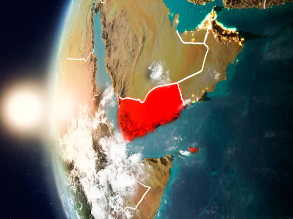 Planet Earth bulutlar ve görünür ülke sınırları ile kırmızı günbatımı sırasında vurgulanan Yemen uydu görünümü. 3D çizim. Nasa tarafından döşenmiş bu görüntü unsurları.
