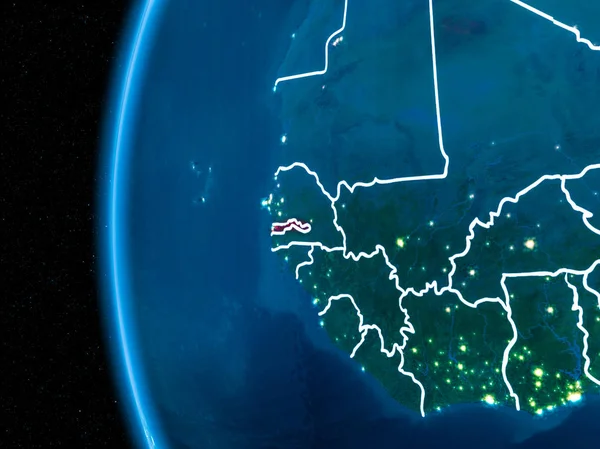 Uzay yörüngeye görünümünü Gambiya görünür ülke sınırları ve şehir ışıkları ile gece Planet Earth kırmızı vurgulanır. 3D çizim. Nasa tarafından döşenmiş bu görüntü unsurları.